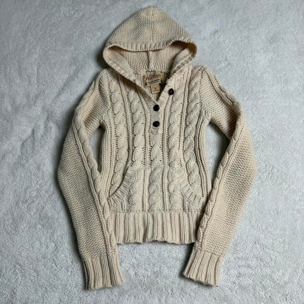 Hollister Cable Knit Wool Hoodie Cream Size M